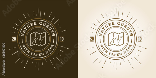 Set of Hiking Trail Logo Design with typography and travel elements - map with pin. Nice for prints, tee design, web infographics, adventure sites or magazines.
