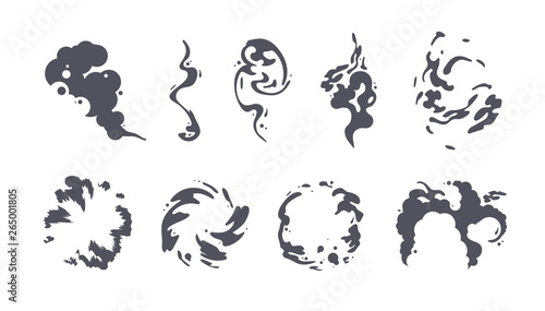 Special Effects Template Vector Smoke Set. Cartoon steam clouds, puff, mist, fog, watery vapour or dust explosion 2D VFX illustration.