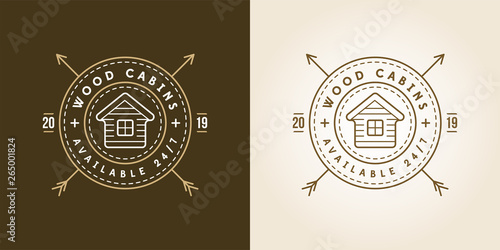 Set of Vector illustration Vintage logo with Wooden cabin. Retro print design, stamp. T-shirts, Poster Design.