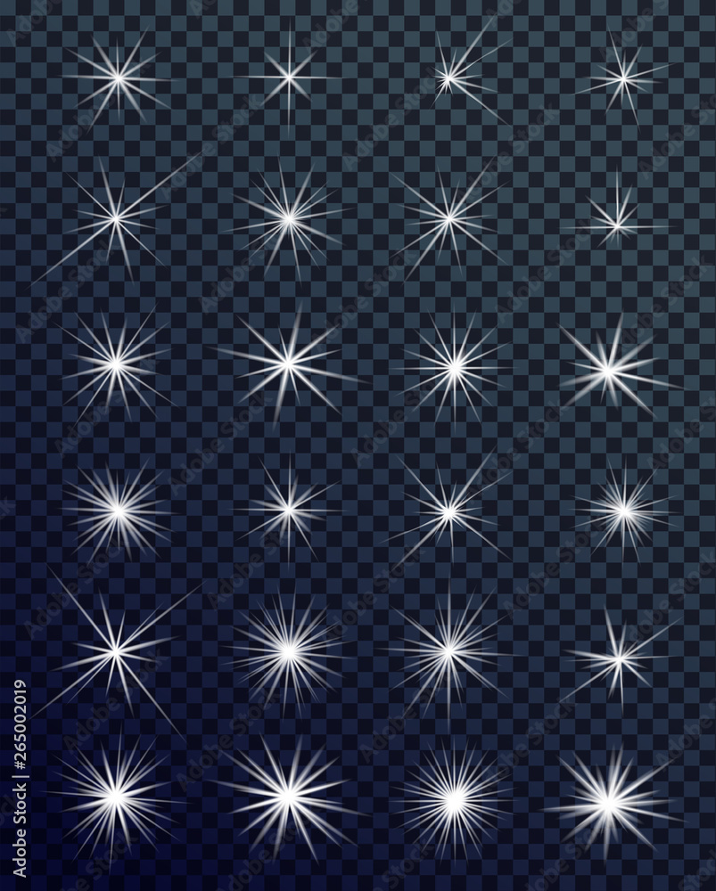 Set of Glowing light effects. Sparkles. Shining stars, bright flashes of lights with a radiating. Transparent light effects in vector. - obrazy, fototapety, plakaty 