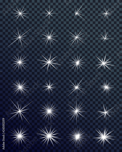 Set of Glowing light effects. Sparkles. Shining stars, bright flashes of lights with a radiating. Transparent light effects in vector.