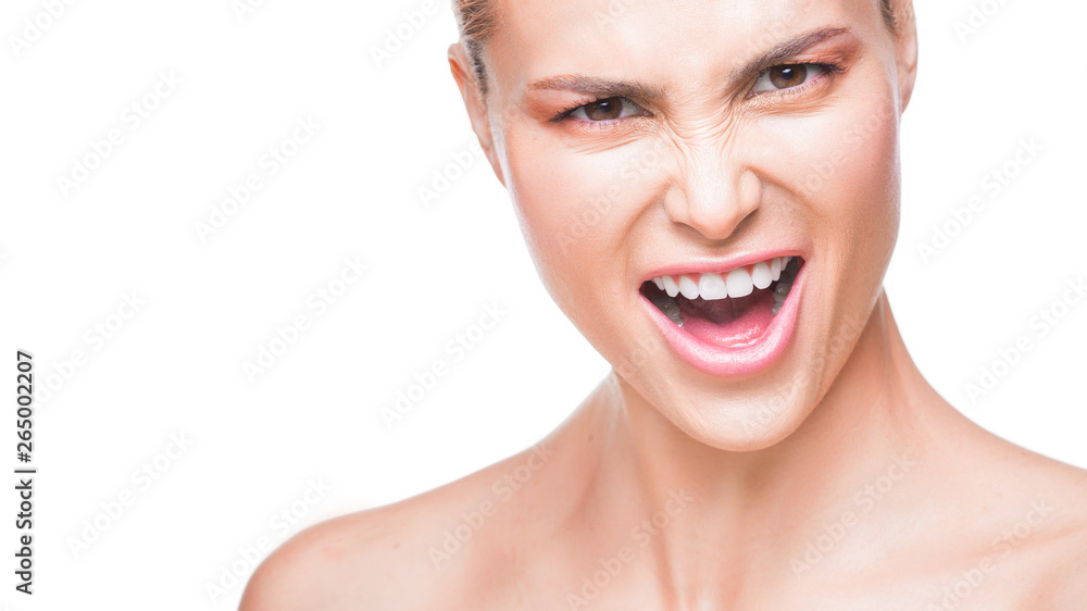 Close up portrait of amazing beautiful fashion woman saying yeah. Isolated on white background Close up portrait of amazing beautiful fashion woman saying yeah. Isolated on white background