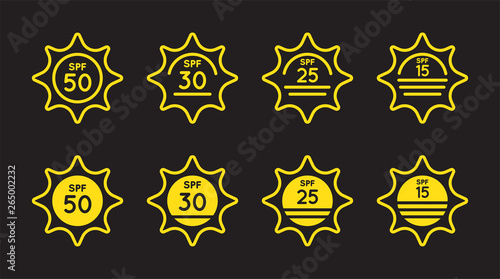 Set of Sun Protection UV Index, SPF 50, SPF 30, 25, 15 Vector Icons Collection. photo