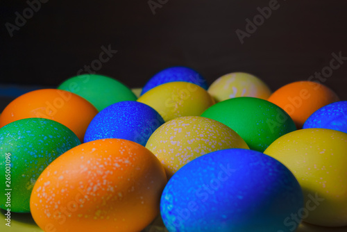 Easter painted eggs close-up. Easter background of colorful painted eggs.