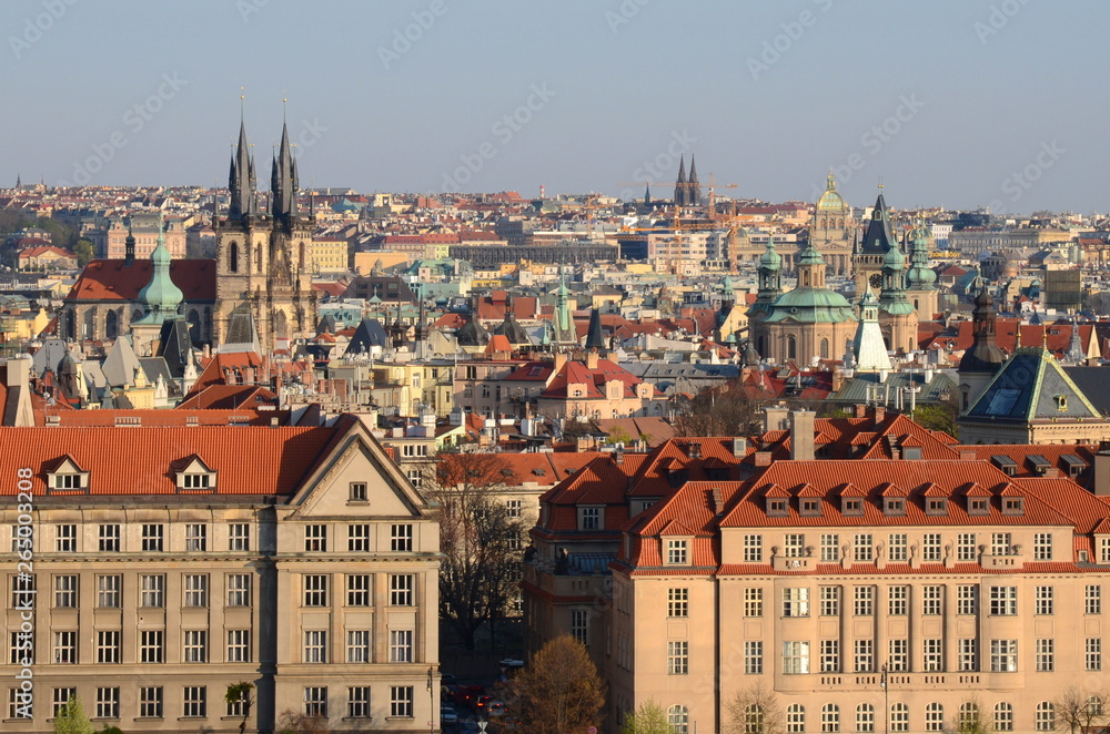 Panoramic view of the old town of Prague with churches and towers