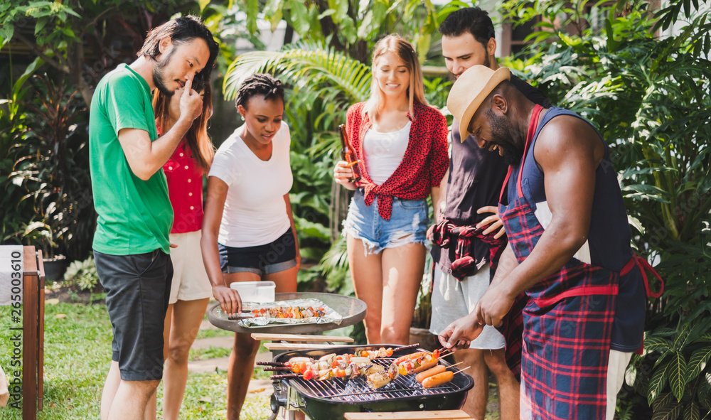 Group of diversity people having barbecue/barbeque party at home, cooking  grilled meat/beef for lunch, happy friends party lifestyle concept Stock  Photo | Adobe Stock