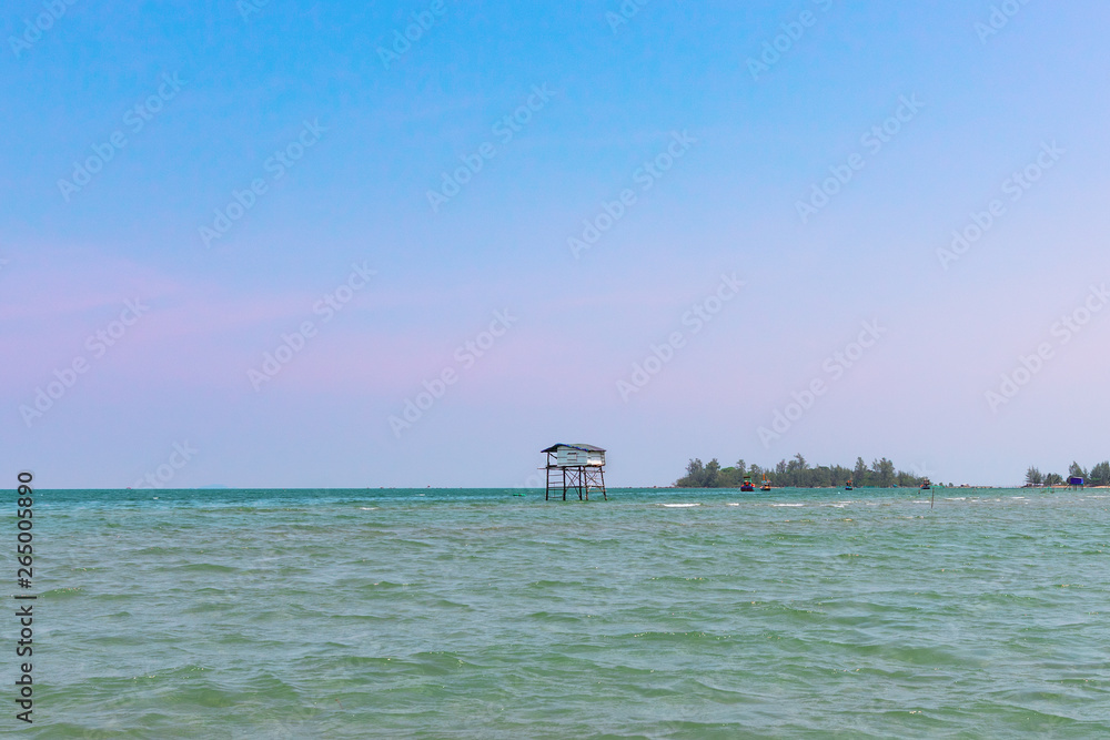 Seascape with an old fishing house on stilts. Asia, Vietnam, Phu Quoc.