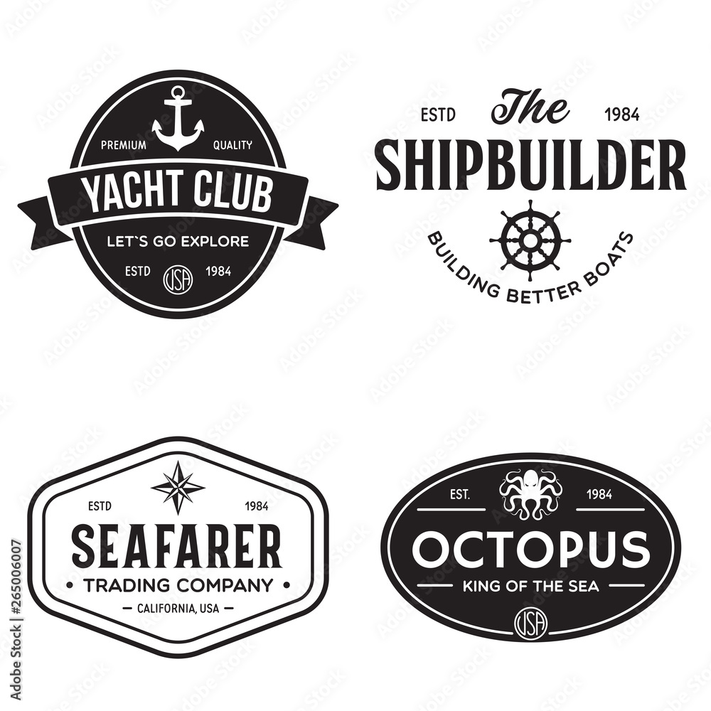 Obraz premium Set of sea and nautical typography badges and design elements. Templates for company logo. Marine cruise, yacht club, trading companym, shipbuilding and other themes.