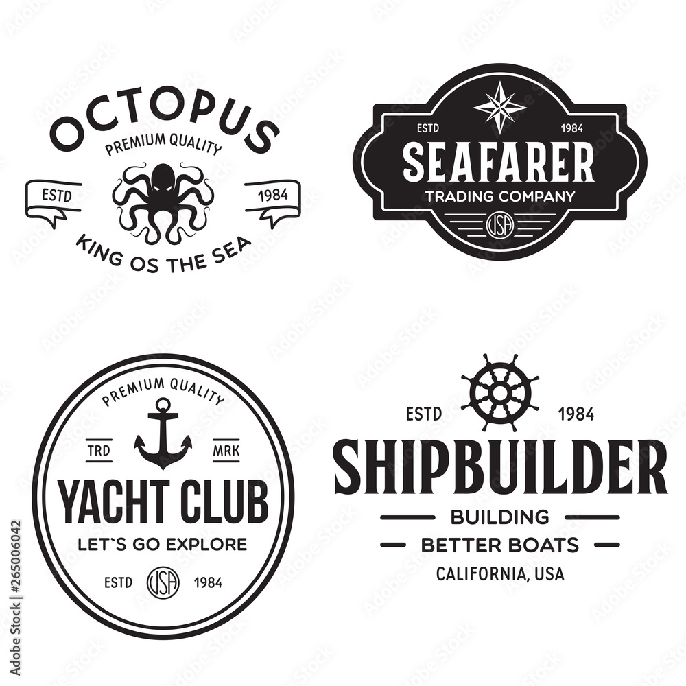 Set of sea and nautical typography badges and design elements. Templates for company logo. Marine cruise, yacht club, trading companym, shipbuilding and other themes. Set of sea and nautical typography badges and design elements. Templates for company logo. Marine cruise, yacht club, trading companym, shipbuilding and other themes.