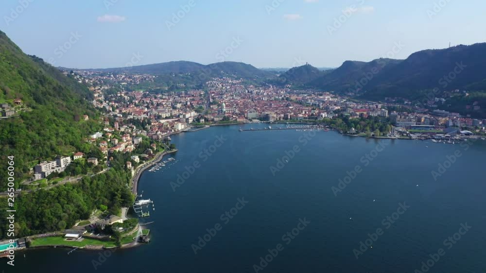 Aerial drone video of famous beautiful village of Como in lake Como one of the deepest in Europe, Lombardy, Italy Aerial drone video of famous beautiful village of Como in lake Como one of the deepest in Europe, Lombardy, Italy