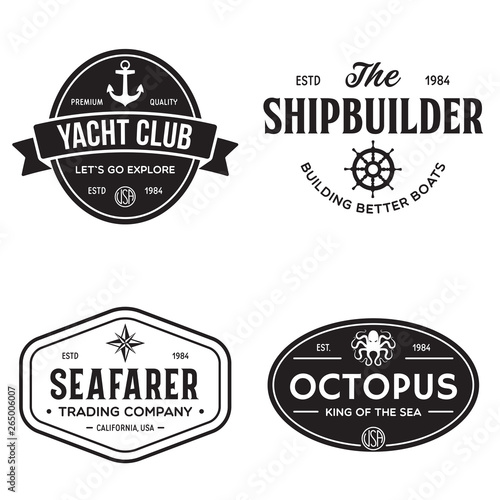 Set of sea and nautical typography badges and design elements. Templates for company logo. Marine cruise, yacht club, trading companym, shipbuilding and other themes.