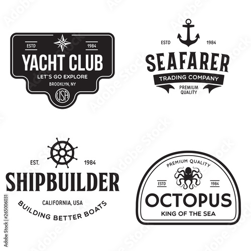 Set of sea and nautical typography badges and design elements. Templates for company logo. Marine cruise, yacht club, trading companym, shipbuilding and other themes.