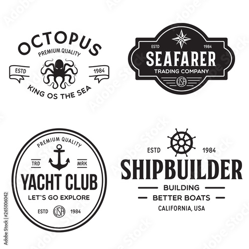 Set of sea and nautical typography badges and design elements. Templates for company logo. Marine cruise, yacht club, trading companym, shipbuilding and other themes.