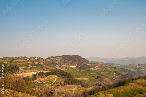 Scenic view of the hill tops of the Langhe region in Piedmont, Unesco World Heritage Site since 2014, in a sunny spring day, Bossolasco, Italy 