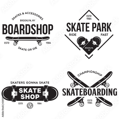 Skateboarding labels badges set. Skate shop logotypes. Design elements for posters, t-shirt prints, emblems.