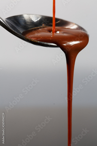 Melted milky brown chocolate pouring from a spoon, isolated on white close up