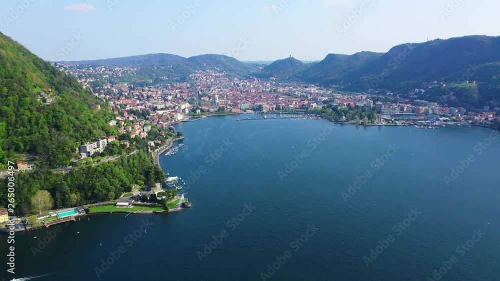 Aerial drone video of famous beautiful village of Como in lake Como one of the deepest in Europe, Lombardy, Italy Aerial drone video of famous beautiful village of Como in lake Como one of the deepest in Europe, Lombardy, Italy