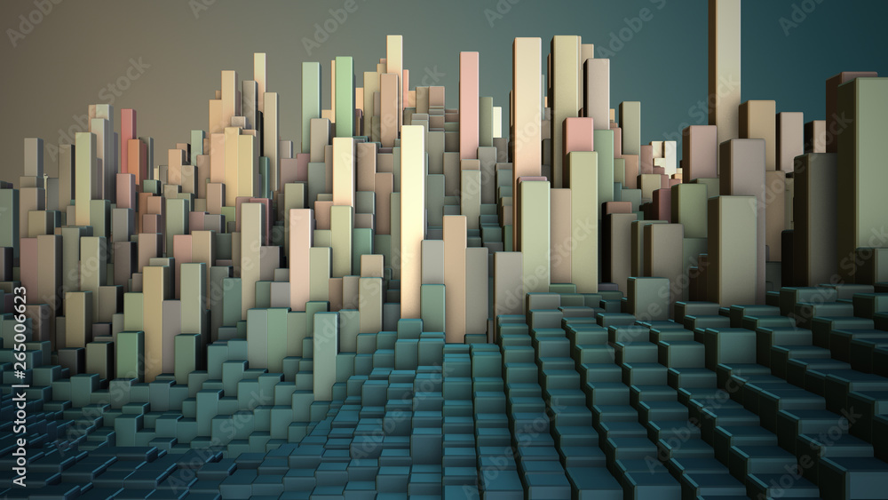 Obraz premium Abstract cubic landscape background. 3D rendering illustration. Geometry patterns. Random 3D cubes.