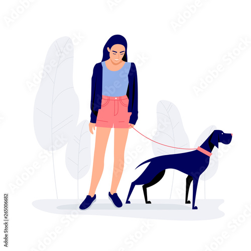 Young woman walking with dog Vector illustration.