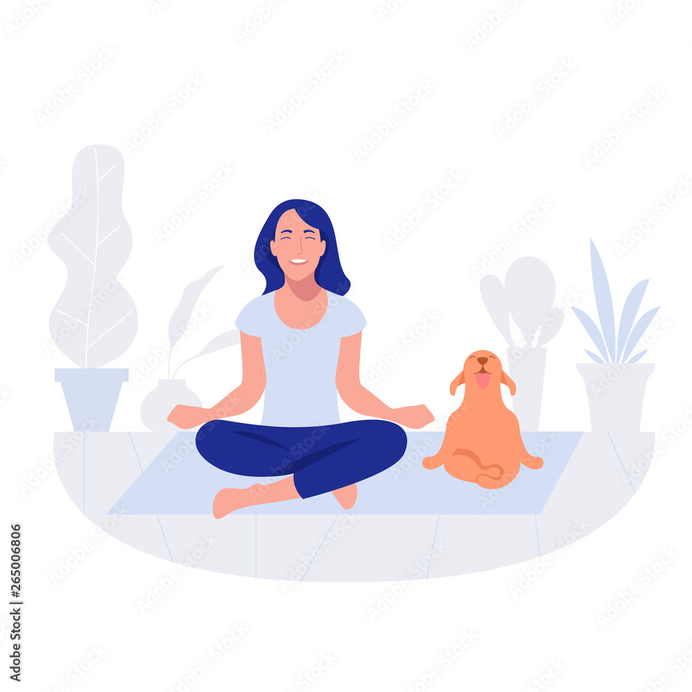 Woman and dog yoga. Healthy lifestyle, working out, exercising.
