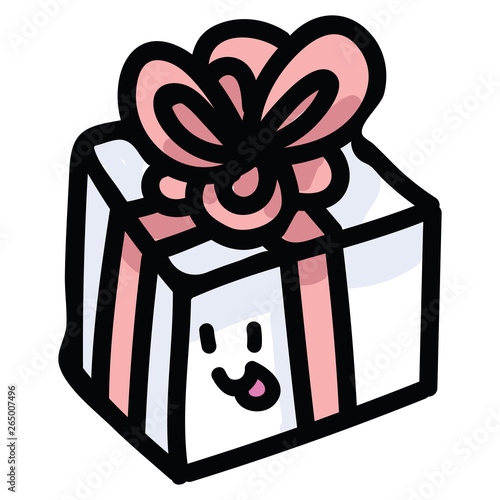 Cute red present box cartoon with kawaii face vector illustration motif set. Hand drawn birthday gift wrapping ribbon. Pastel christmas party graphics. Decorative suprise web buttons.