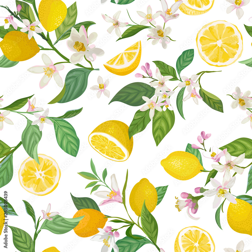 Seamless Lemon pattern with tropic fruits, leaves, flowers background. Hand drawn vector illustration in watercolor style for summer romantic cover, tropical wallpaper, vintage texture Seamless Lemon pattern with tropic fruits, leaves, flowers background. Hand drawn vector illustration in watercolor style for summer romantic cover, tropical wallpaper, vintage texture