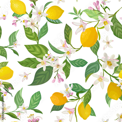 Seamless Lemon pattern with tropic fruits, leaves, flowers background. Hand drawn vector illustration in watercolor style for summer romantic cover, tropical wallpaper, vintage texture