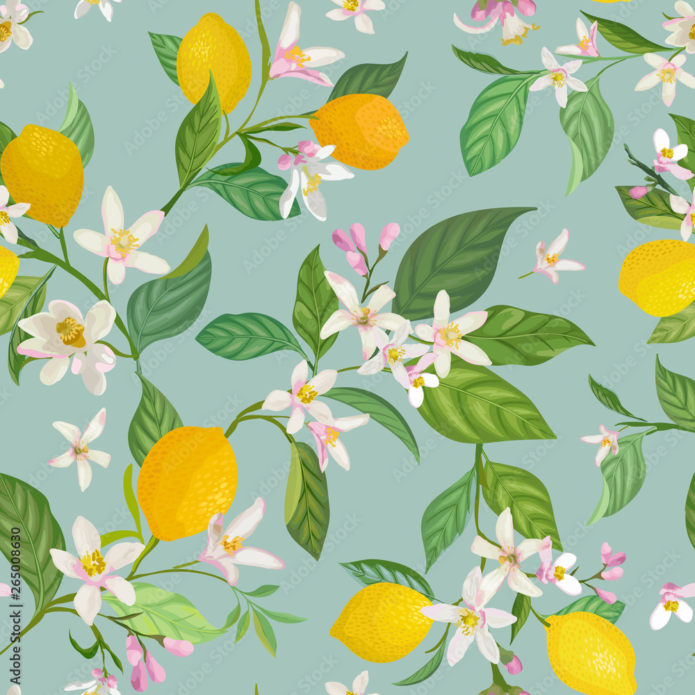 Seamless Lemon pattern with tropic fruits, leaves, flowers background. Hand drawn vector illustration in watercolor style for summer romantic cover, tropical wallpaper, vintage texture Seamless Lemon pattern with tropic fruits, leaves, flowers background. Hand drawn vector illustration in watercolor style for summer romantic cover, tropical wallpaper, vintage texture