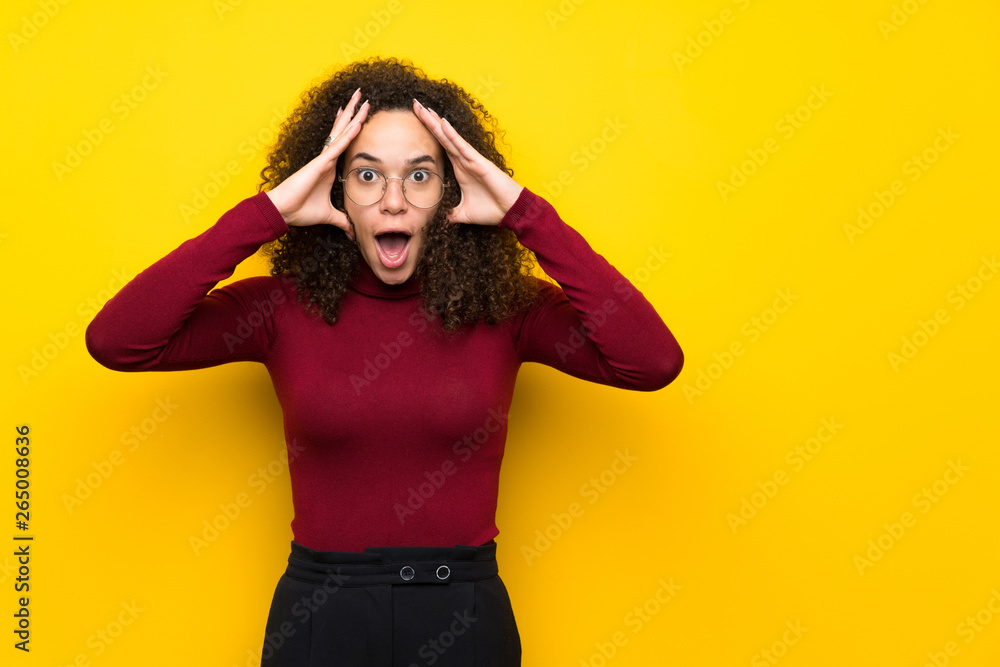 Dominican woman with turtleneck sweater with surprise and shocked facial expression Dominican woman with turtleneck sweater with surprise and shocked facial expression