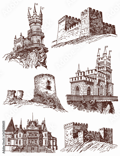 Vintage set of medieval castles, graphical vector illustration,sightseeing