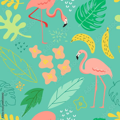 Spring and summer seamless background with flamingo  tropical plants  leaves  flowers for pattern  banner  greeting card  poster  cover. Vector Illustration