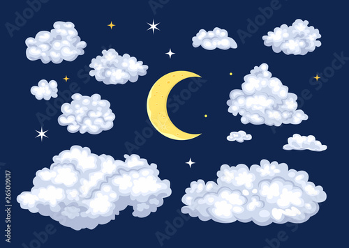Night sky set. Clouds of different shapes and moon. Vector illustration in cartoon flat style.