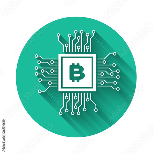 White CPU mining farm icon isolated with long shadow. Bitcoin sign inside processor. Cryptocurrency mining community. Digital money. Green circle button. Vector Illustration