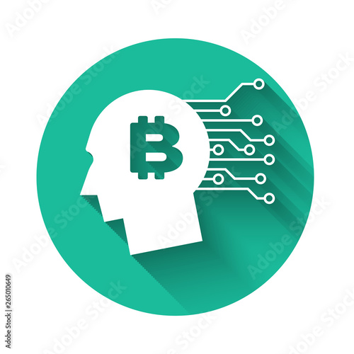 White Bitcoin think icon isolated with long shadow. Cryptocurrency head. Blockchain technology, bitcoin, digital money market, cryptocoin wallet. Green circle button. Vector Illustration