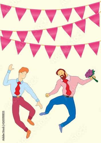 Homosexual couple newlyweds. Happy just married young couple celebrating and have fun. Wedding celebration. Lgbt concept vector illustration.