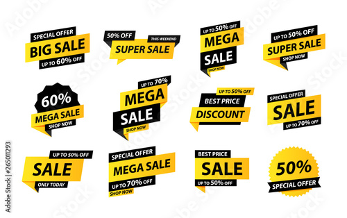 Sale tags collection. Special offer, big sale, discount, best price, mega sale banner set. Shop or online shopping. Sticker, badge, coupon, store. Vector Illustration. photo