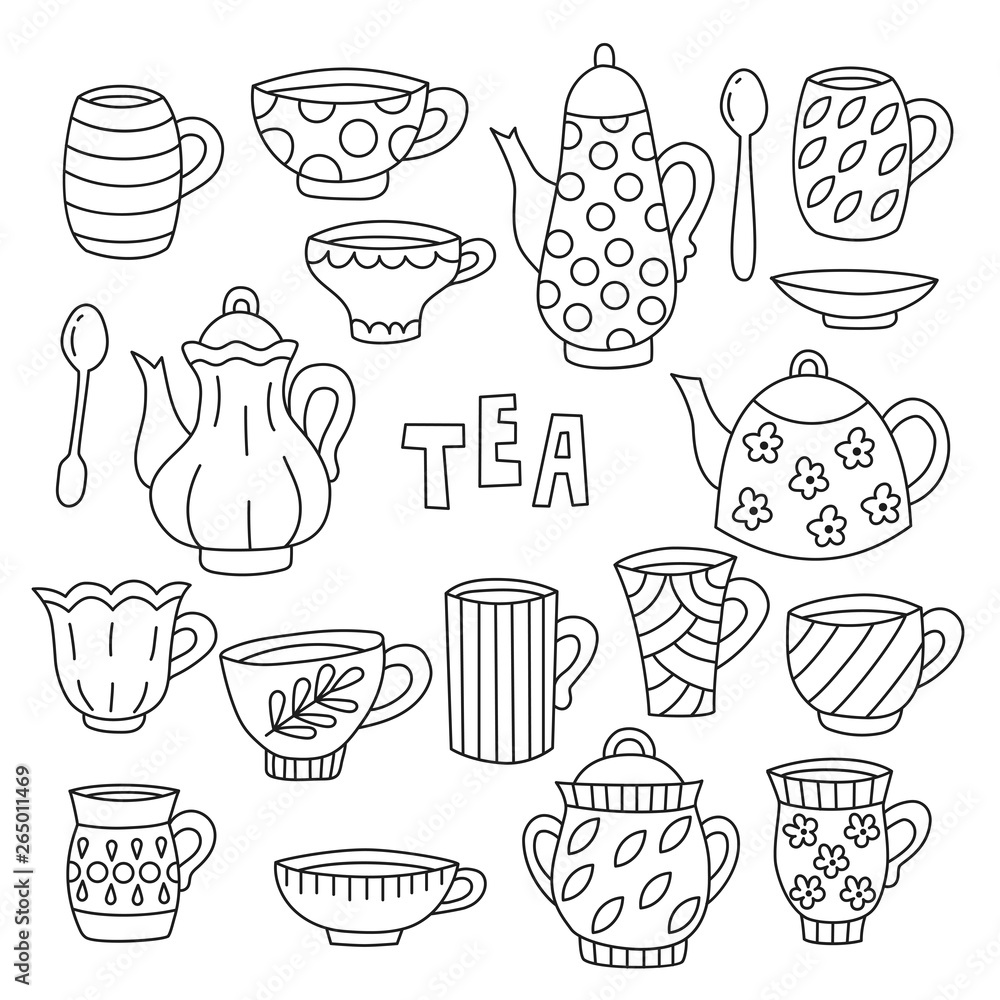 tea tableware doodle icons