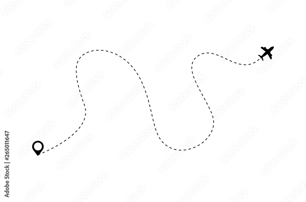 Airplane is in a dotted line. Tourism and travel. The waypoint is for a tourist trip. and his track on a white background. Vector illustration. Airplane is in a dotted line. Tourism and travel. The waypoint is for a tourist trip. and his track on a white background. Vector illustration.