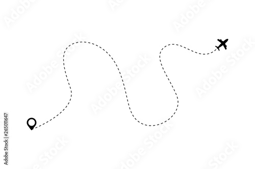 Airplane is in a dotted line. Tourism and travel. The waypoint is for a tourist trip. and his track on a white background. Vector illustration.