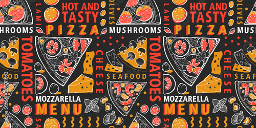 Typographic vector Italian pizza and ingredients seamless pattern. Italian food design template. Hand drawn vector illustration on dark background. Can be use for menu or packaging.