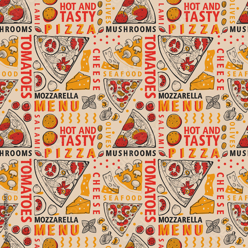 Typographic vector Italian pizza and ingredients seamless pattern. Italian food design template. Hand drawn vector illustration on craft background. Can be use for menu or packaging.