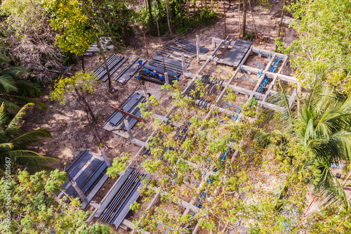 Top view of a hotel construction site among existing trees where clients will keep for nature reservation concept