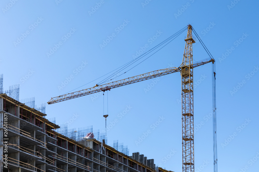 The building of the house. The crane and the new brick building in the clear sunny day on the background of blue sky The building of the house. The crane and the new brick building in the clear sunny day on the background of blue sky