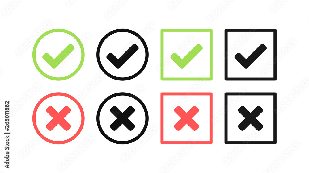 Green check mark and red cross icon set. Circle and square. Tick symbol in green color, vector illustration. Green check mark and red cross icon set. Circle and square. Tick symbol in green color, vector illustration.