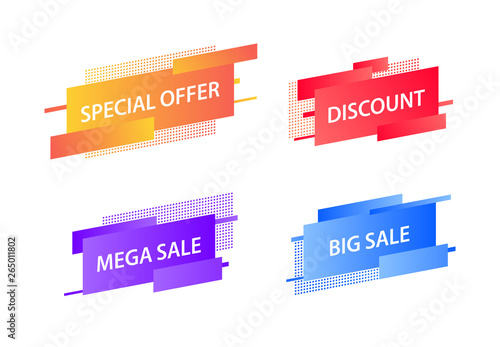 Sale tags collection. Special offer, big sale, discount, best price, mega sale banner set. Shop or online shopping. Sticker, badge, coupon, store. Vector Illustration.