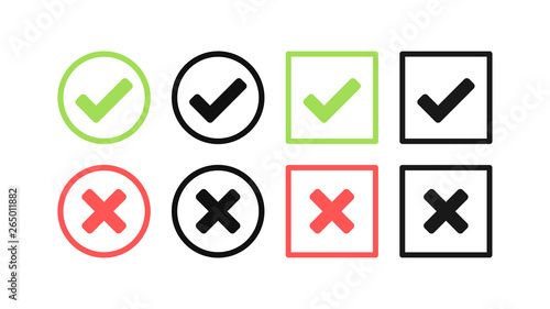 Green check mark and red cross icon set. Circle and square. Tick symbol in green color, vector illustration.