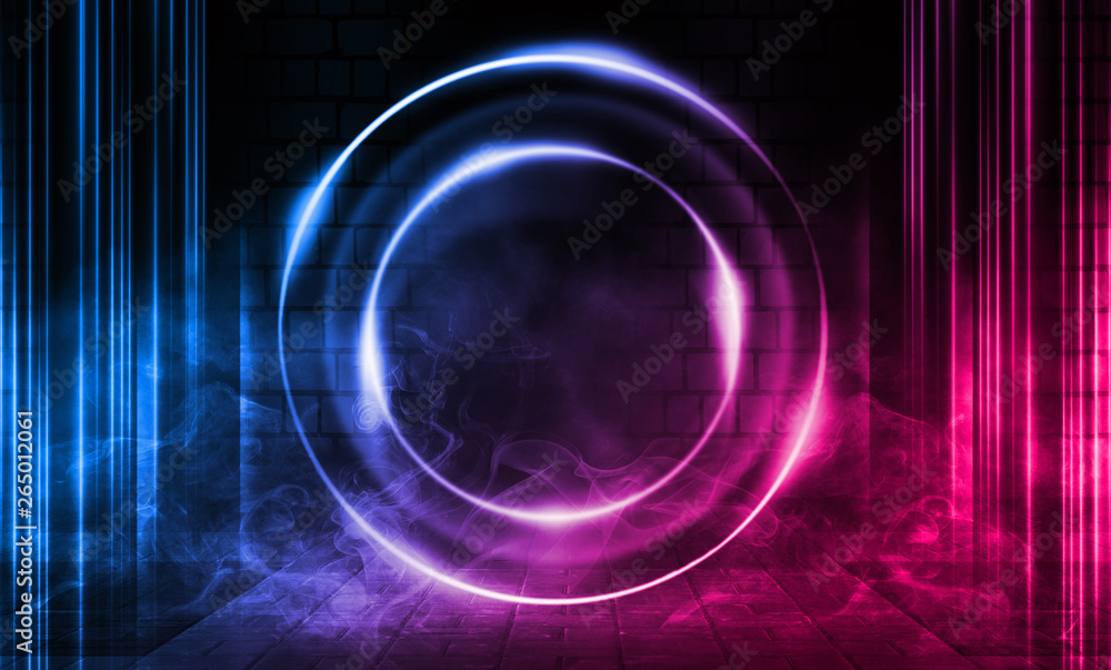 Empty scene background. Brick wall with multicolored neon lights and smoke. Neon shapes on a dark background. Dark abstract background Empty scene background. Brick wall with multicolored neon lights and smoke. Neon shapes on a dark background. Dark abstract background