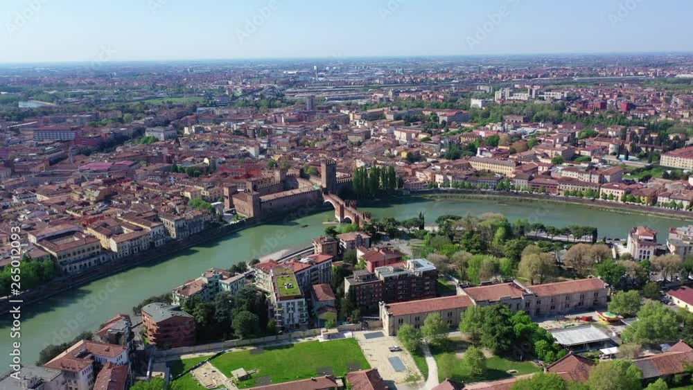 Aerial drone panoramic video from iconic city of Verona, Adige river and fortified medieval castle of Castelvecchio, Verona, Italy Aerial drone panoramic video from iconic city of Verona, Adige river and fortified medieval castle of Castelvecchio, Verona, Italy