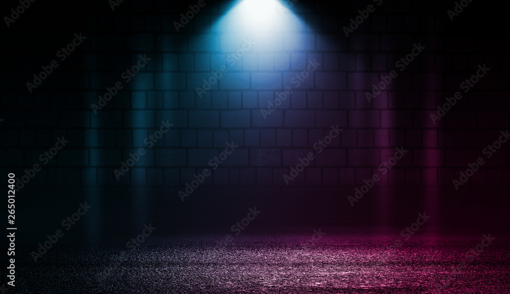 Empty scene background. Brick wall with multicolored neon lights and smoke. Neon shapes on a dark background. Dark abstract background