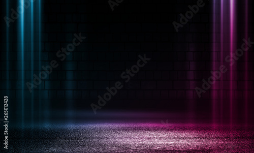 Empty scene background. Brick wall with multicolored neon lights and smoke. Neon shapes on a dark background. Dark abstract background